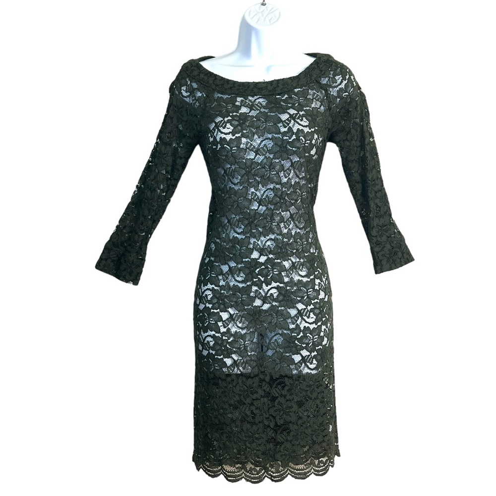 Diane Von Furstenberg Sheath Dress Olive Green Lace 3/4 Sleeve Sheer